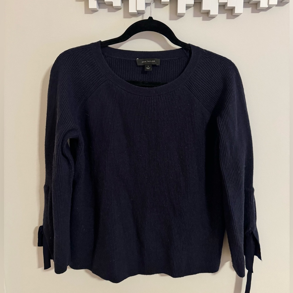 Ann Taylor Navy Sweater Cuff Ribbon Detail